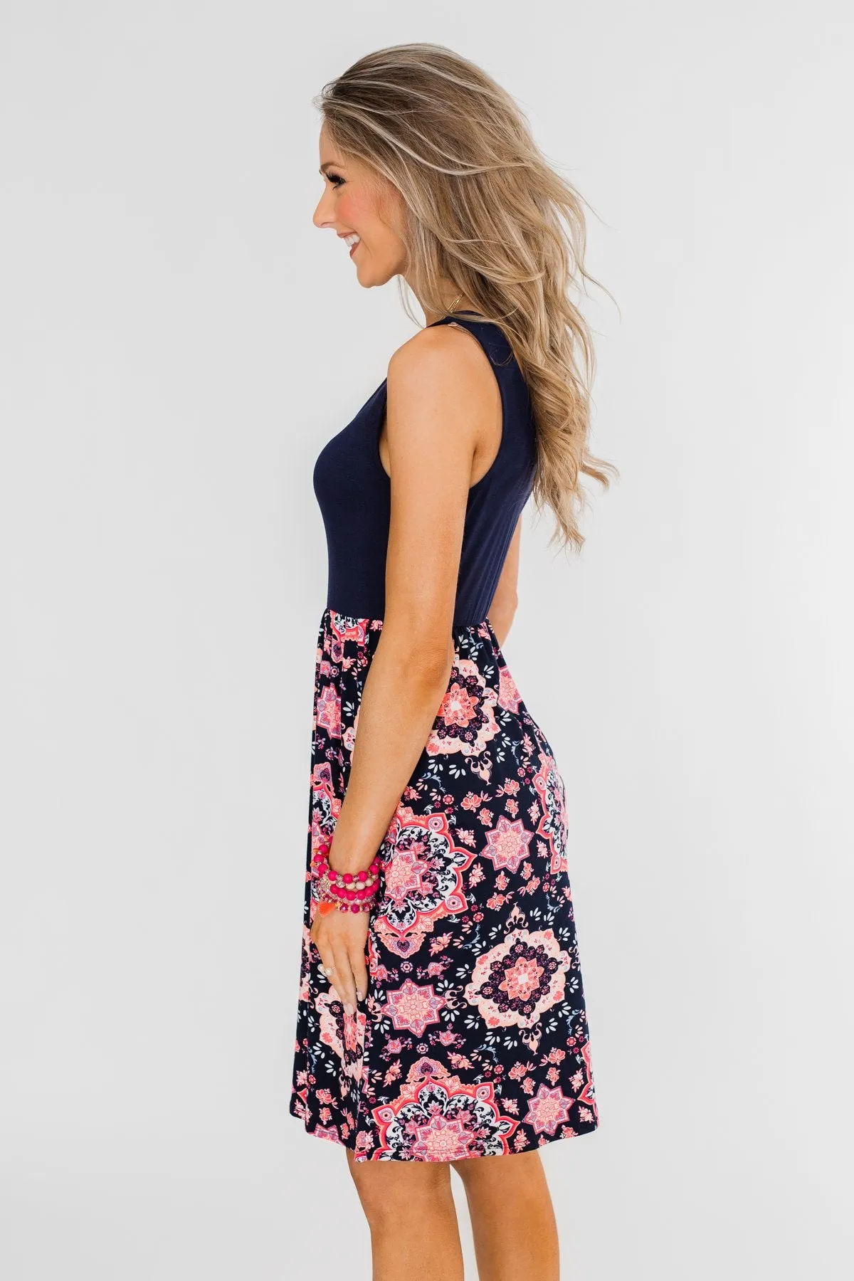 Full of Excitement Printed Dress- Navy