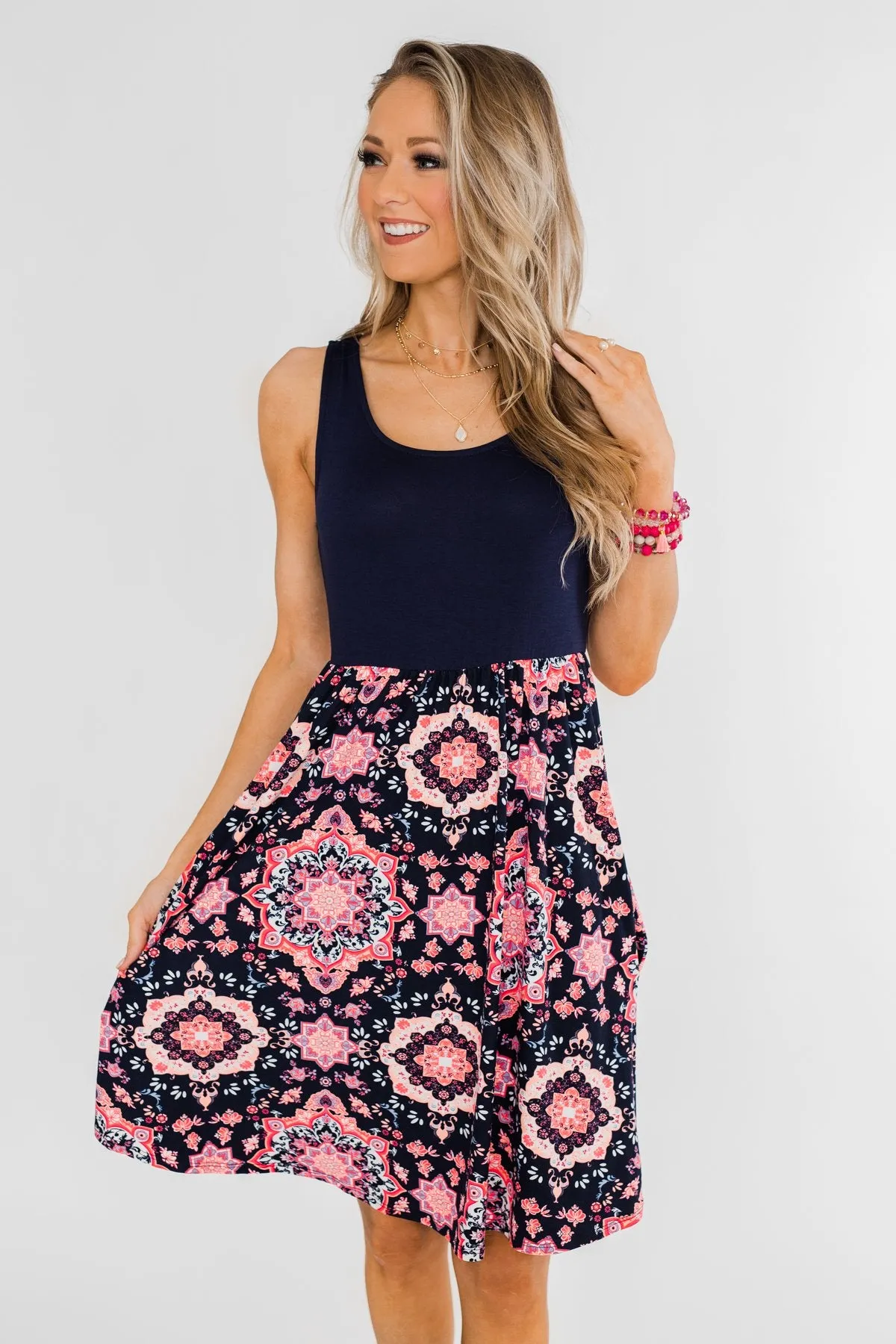 Full of Excitement Printed Dress- Navy