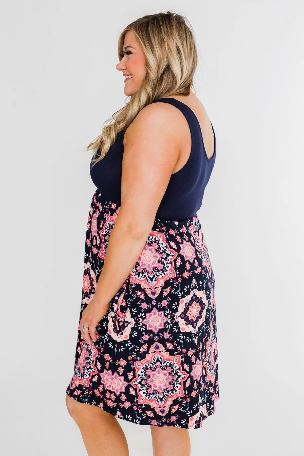 Full of Excitement Printed Dress- Navy