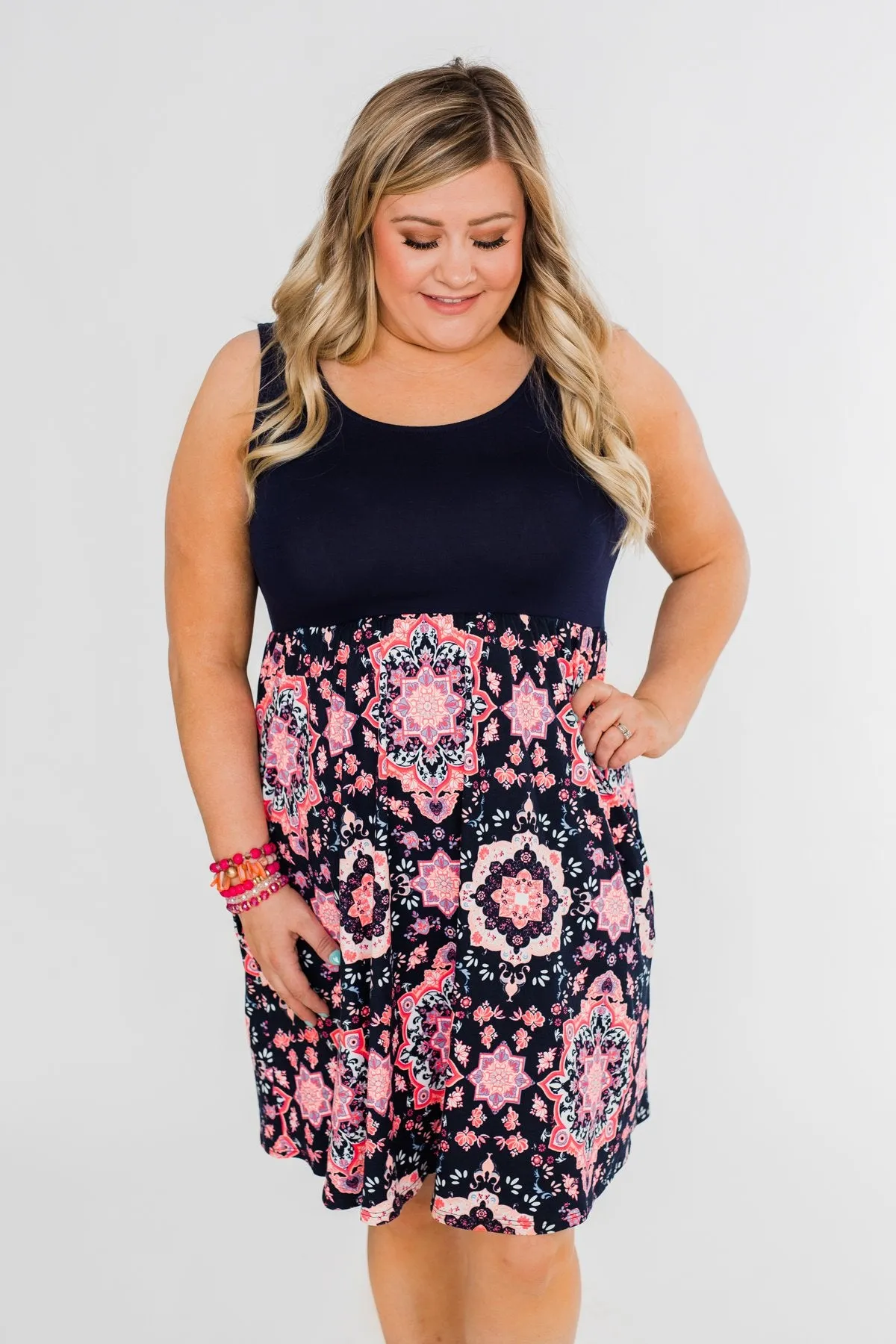 Full of Excitement Printed Dress- Navy