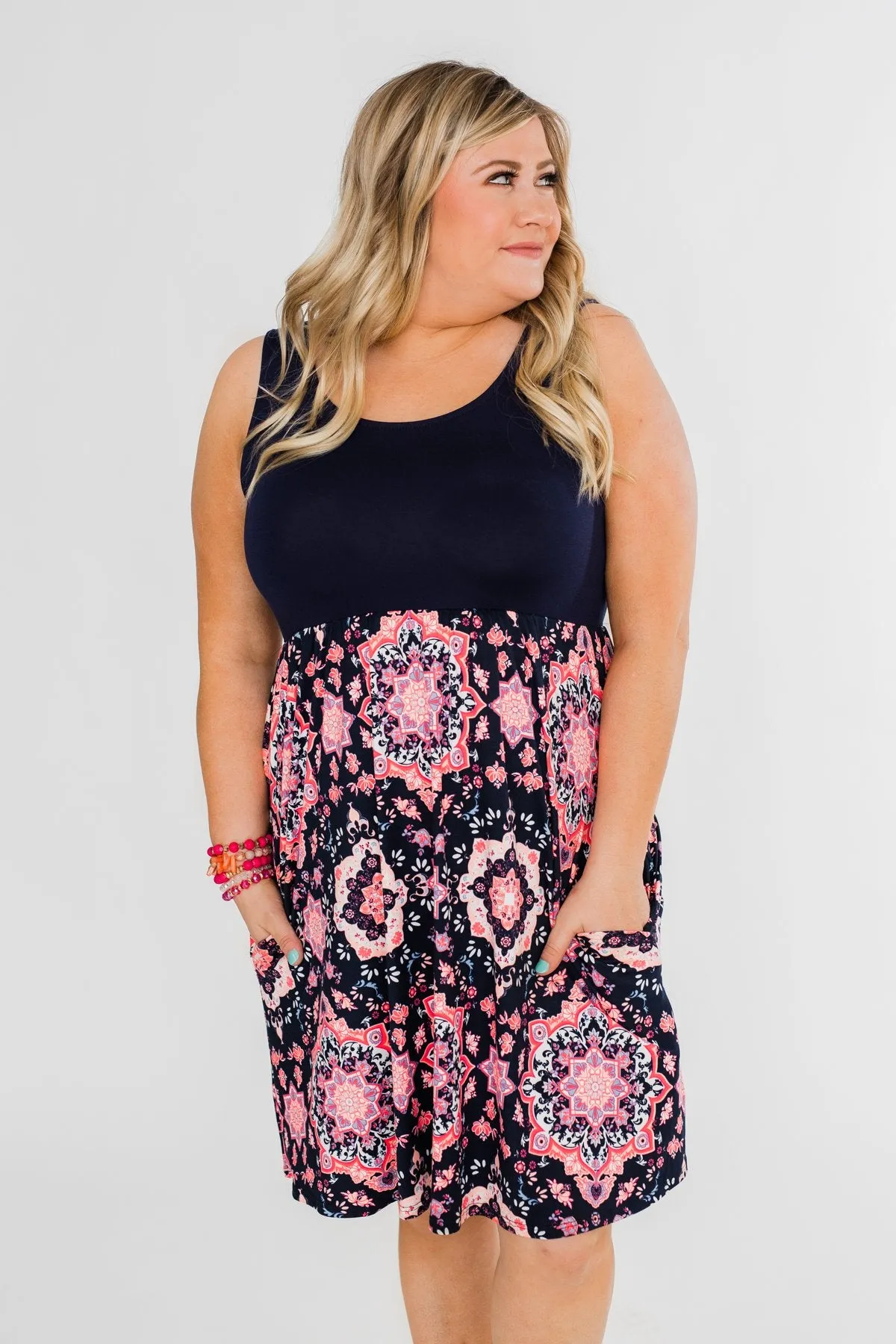 Full of Excitement Printed Dress- Navy