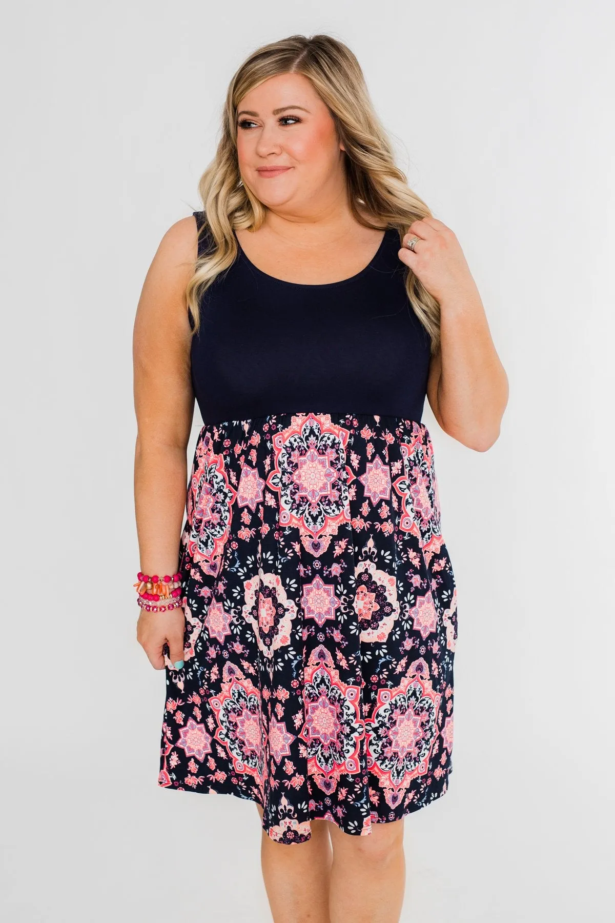 Full of Excitement Printed Dress- Navy