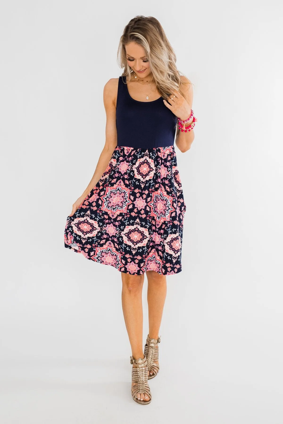 Full of Excitement Printed Dress- Navy
