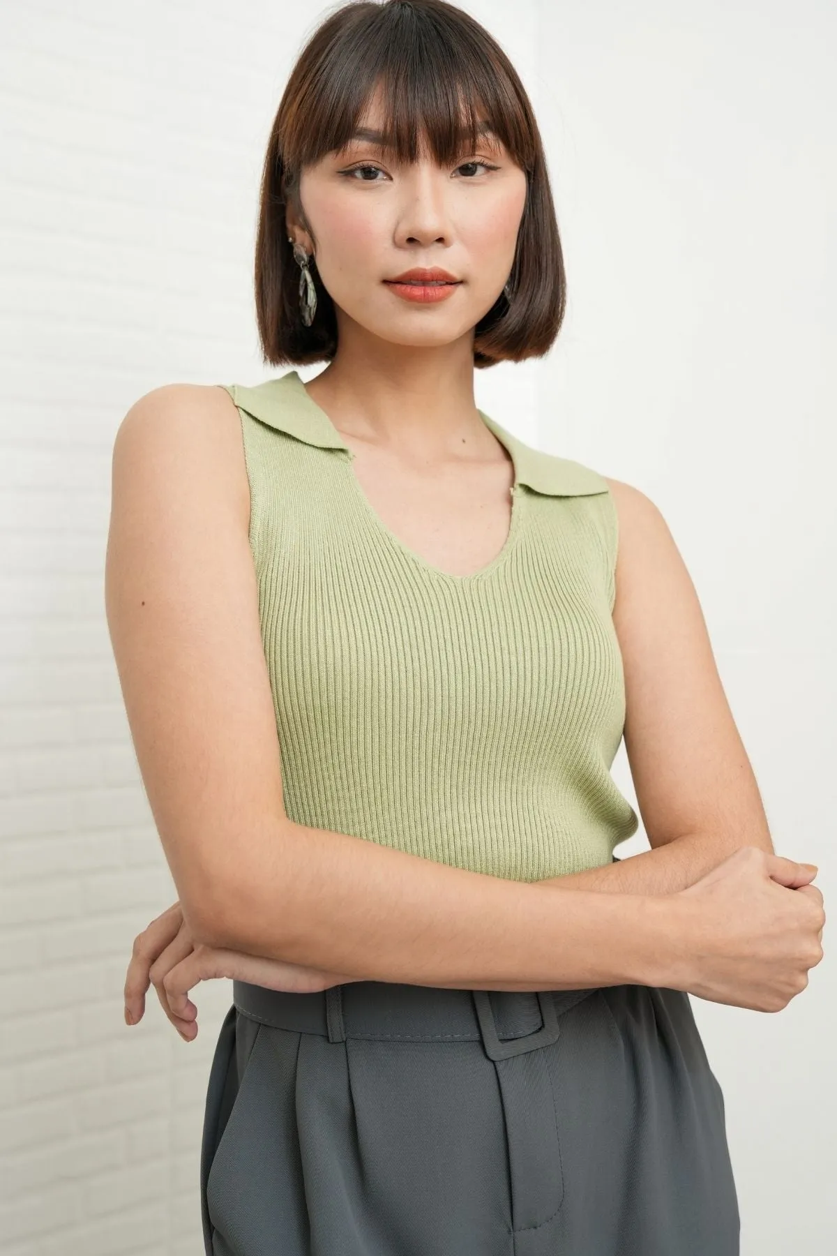 GIGI Sleeveless Collared Rib-Knit Top (Pistachio Green)
