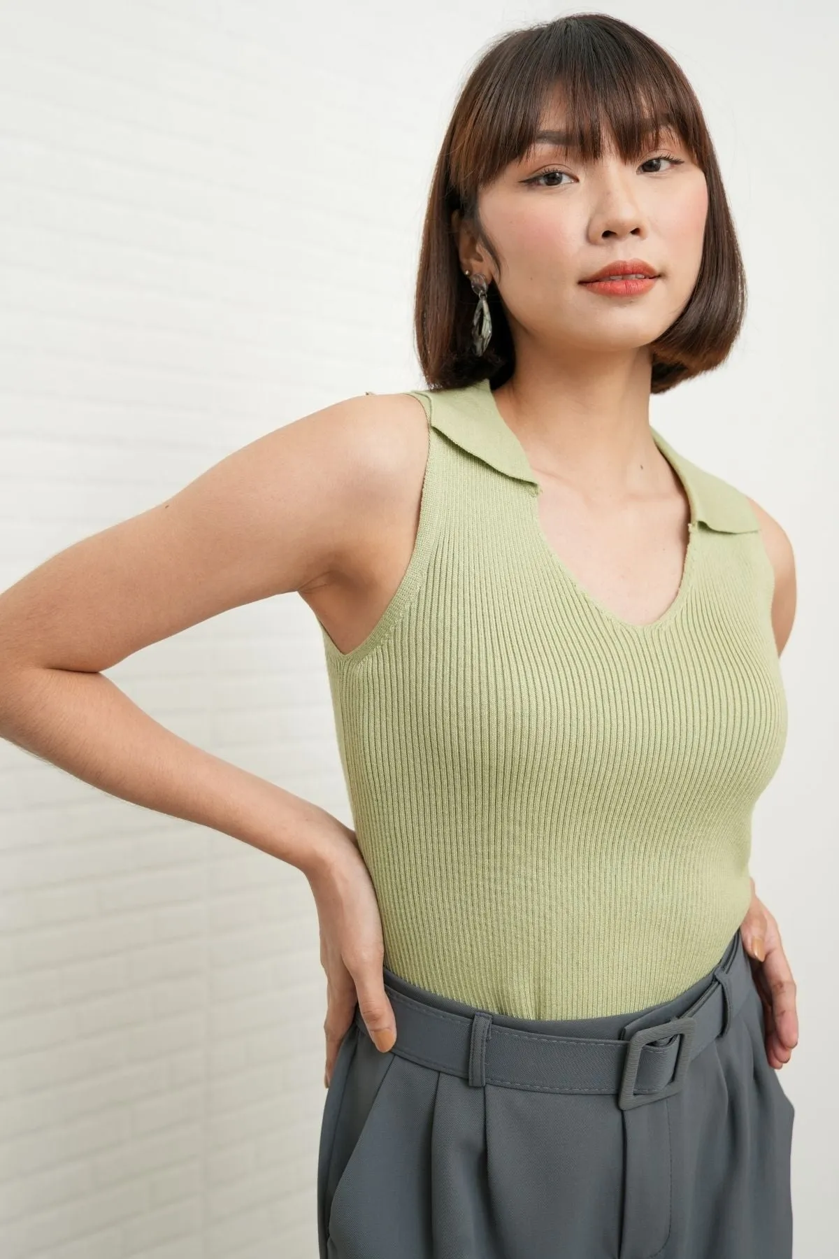 GIGI Sleeveless Collared Rib-Knit Top (Pistachio Green)