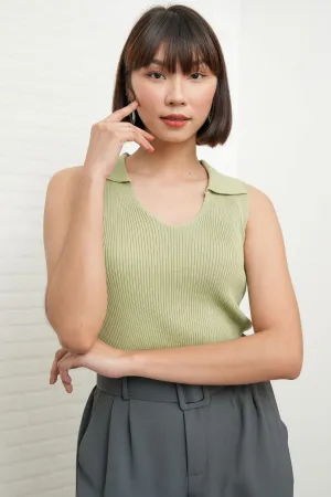 GIGI Sleeveless Collared Rib-Knit Top (Pistachio Green)