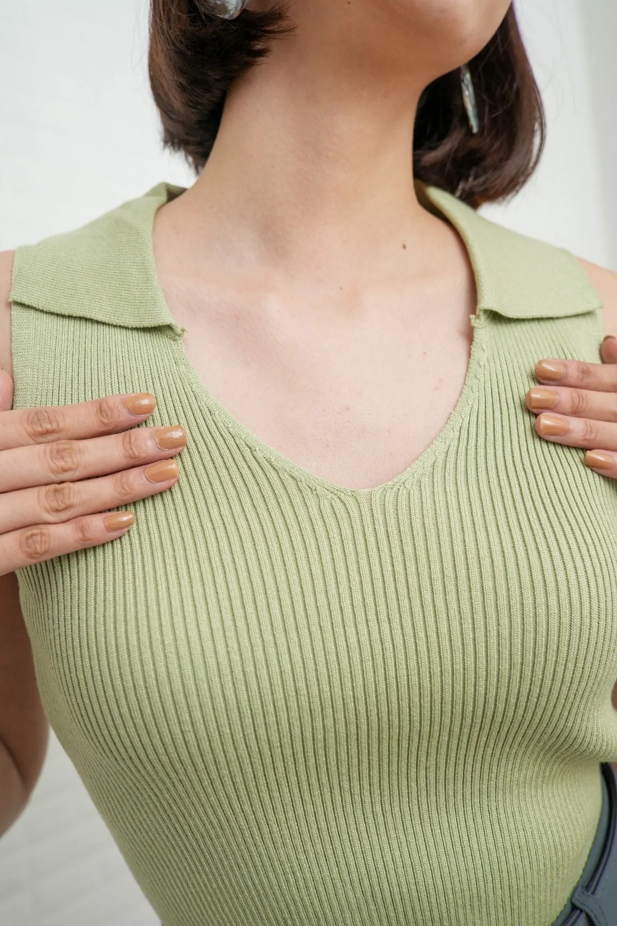 GIGI Sleeveless Collared Rib-Knit Top (Pistachio Green)