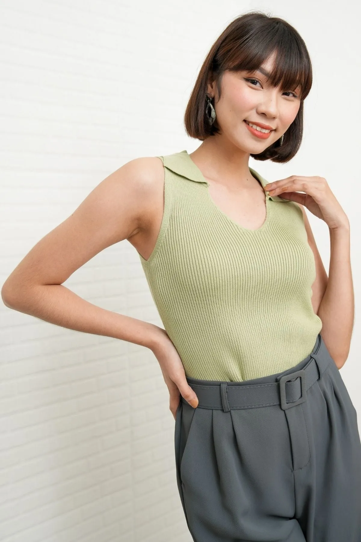 GIGI Sleeveless Collared Rib-Knit Top (Pistachio Green)