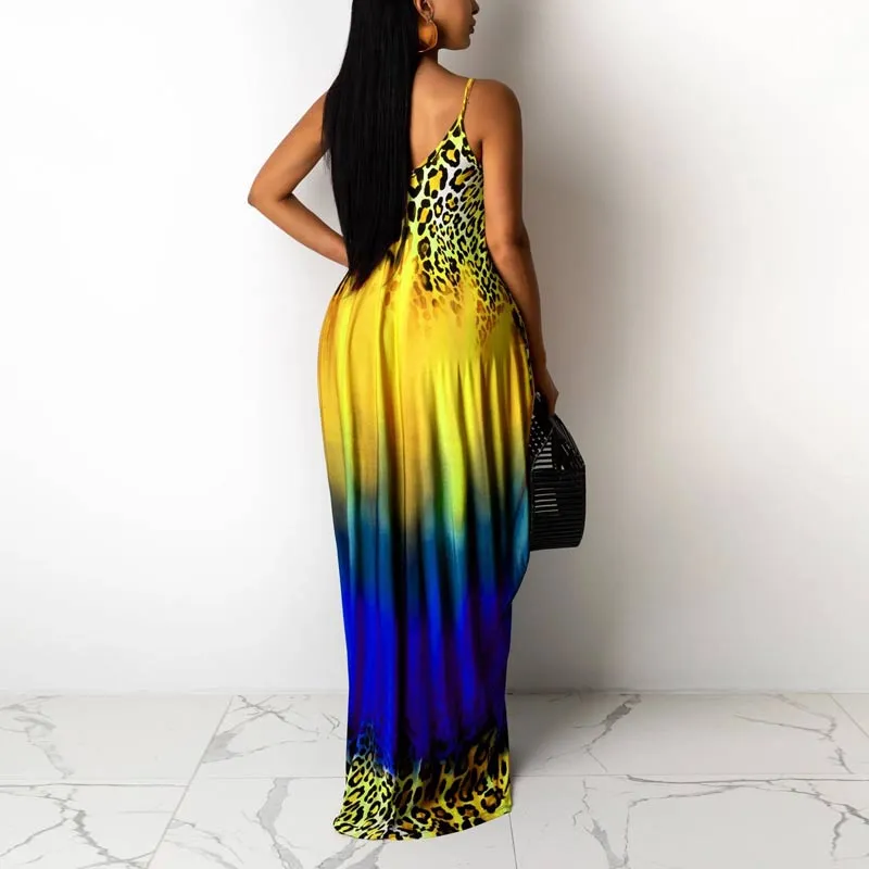 Gradient Color Leopard Pattern Sleeveless Maxi Dress