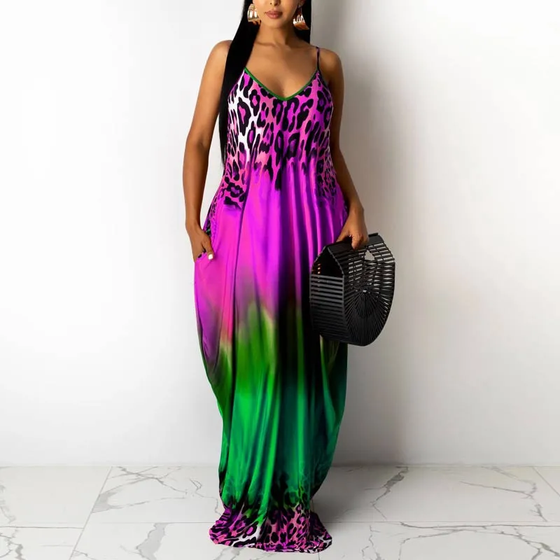 Gradient Color Leopard Pattern Sleeveless Maxi Dress