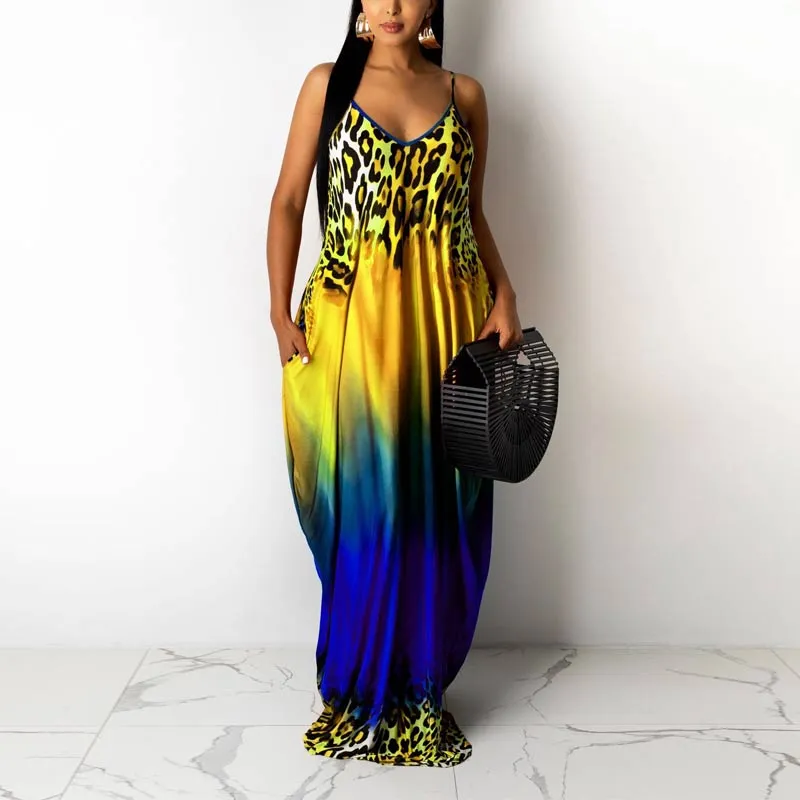 Gradient Color Leopard Pattern Sleeveless Maxi Dress
