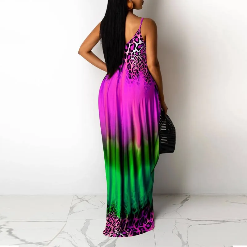 Gradient Color Leopard Pattern Sleeveless Maxi Dress