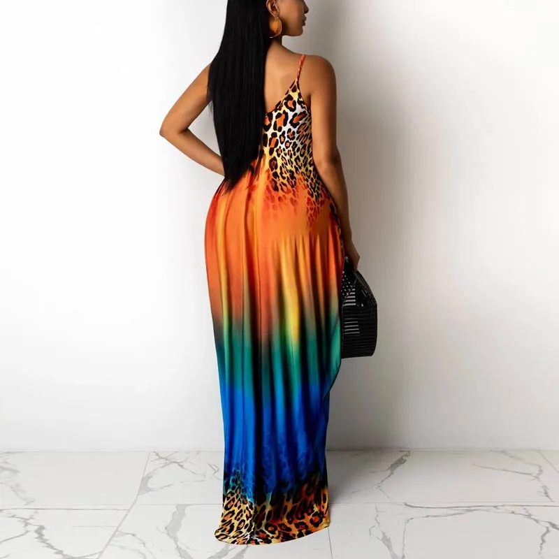 Gradient Color Leopard Pattern Sleeveless Maxi Dress