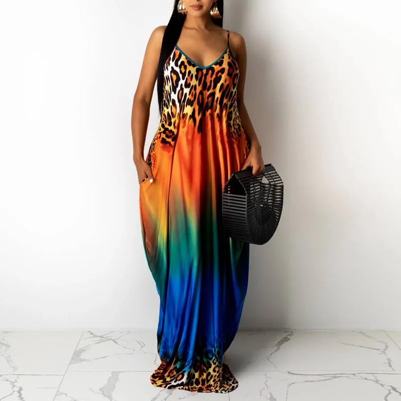Gradient Color Leopard Pattern Sleeveless Maxi Dress