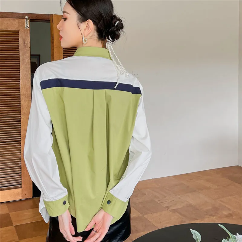 GREEN COLOR BLOCK CASUAL LONG-SLEEVED SHIRT UB2834