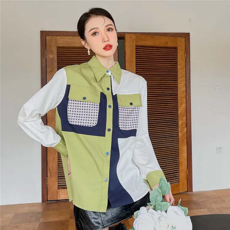 GREEN COLOR BLOCK CASUAL LONG-SLEEVED SHIRT UB2834