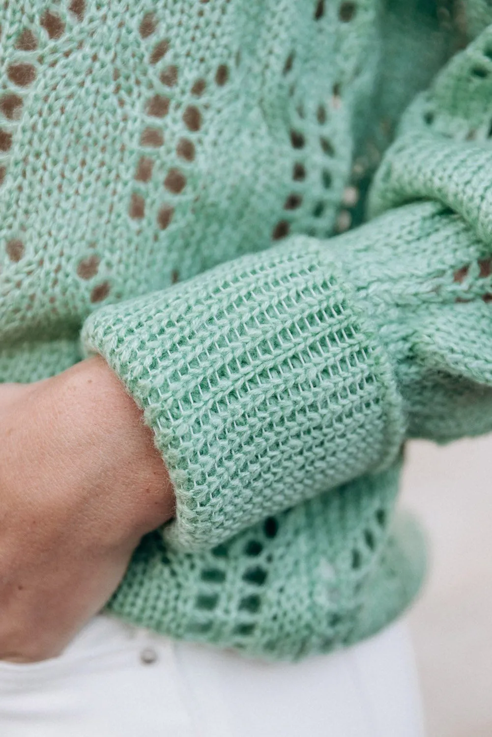 Green Open Knit Long Sleeve Sweater