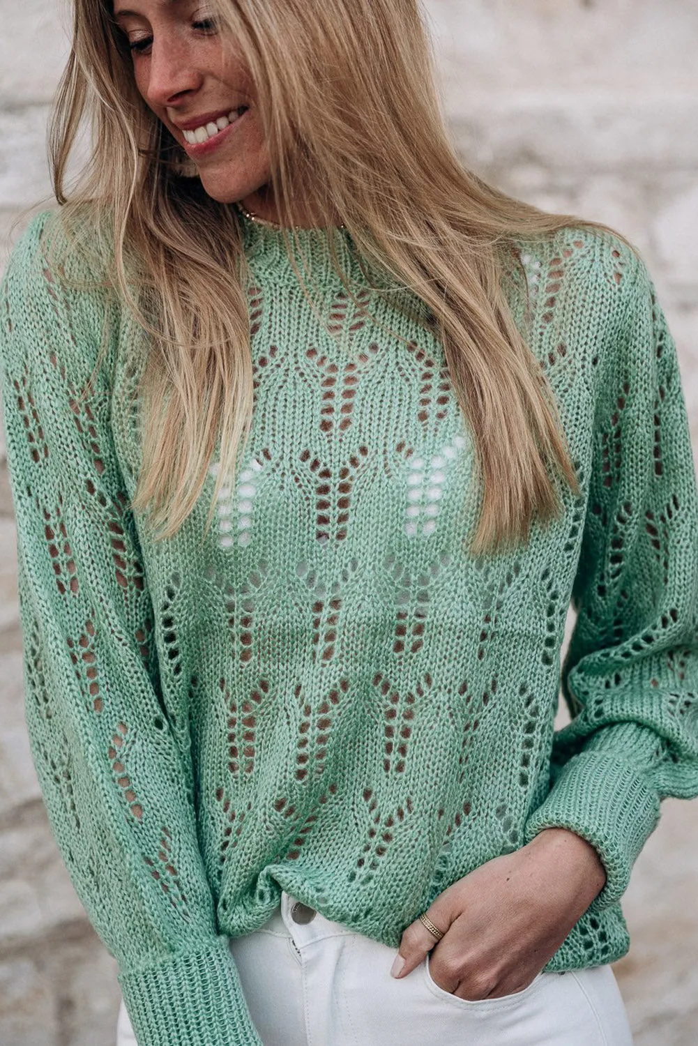 Green Open Knit Long Sleeve Sweater