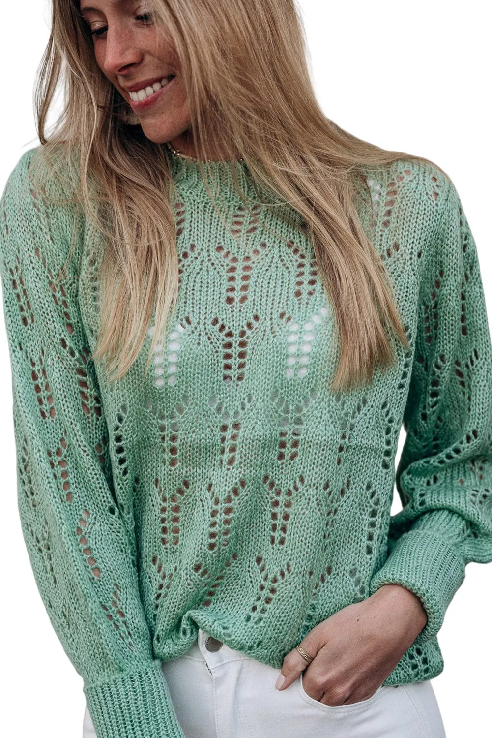 Green Open Knit Long Sleeve Sweater