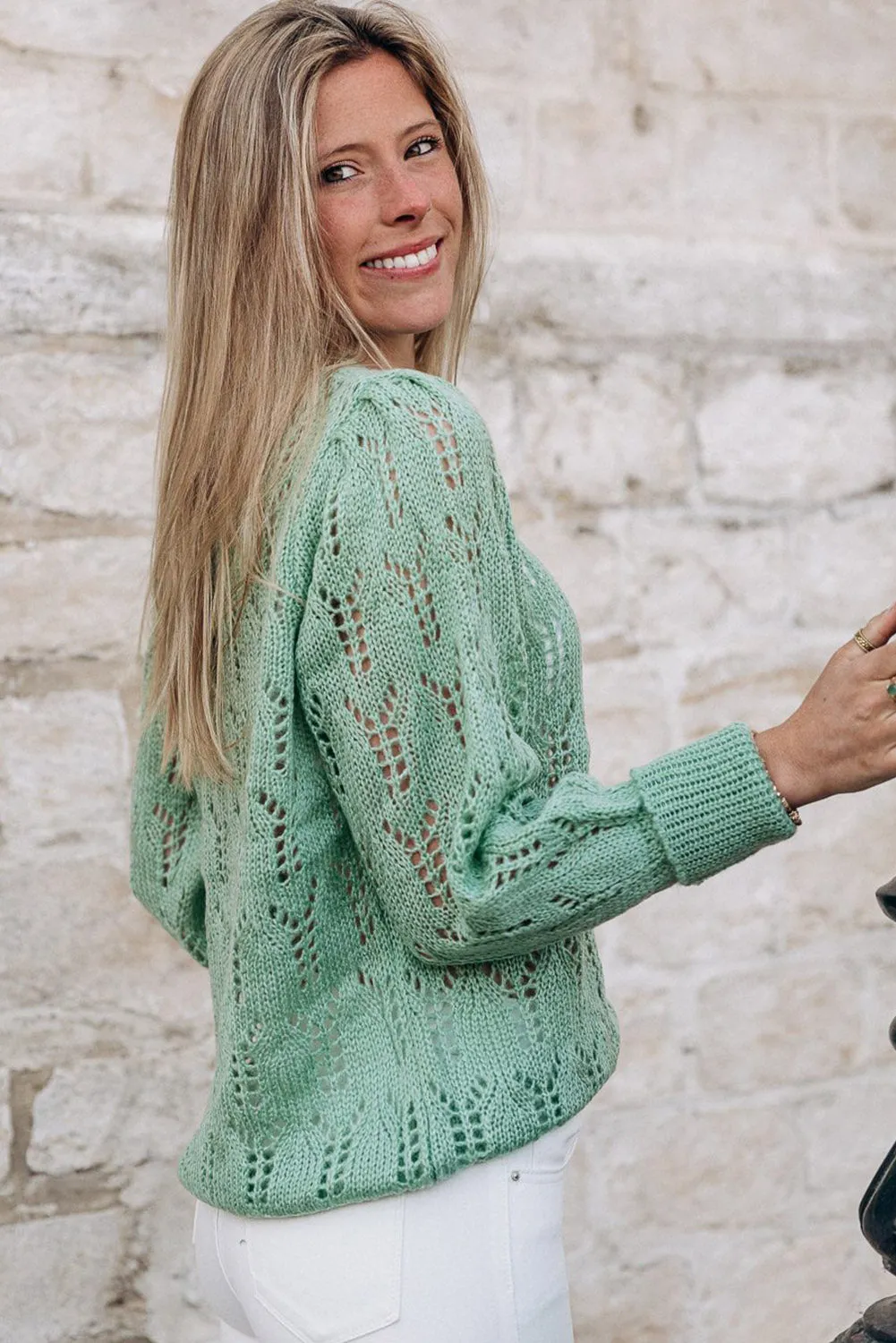 Green Open Knit Long Sleeve Sweater