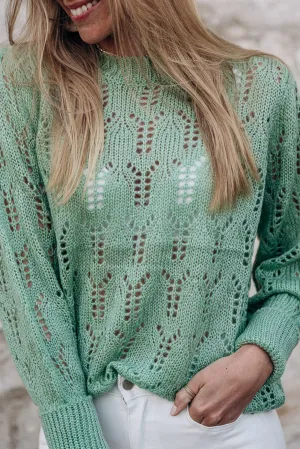 Green Open Knit Long Sleeve Sweater