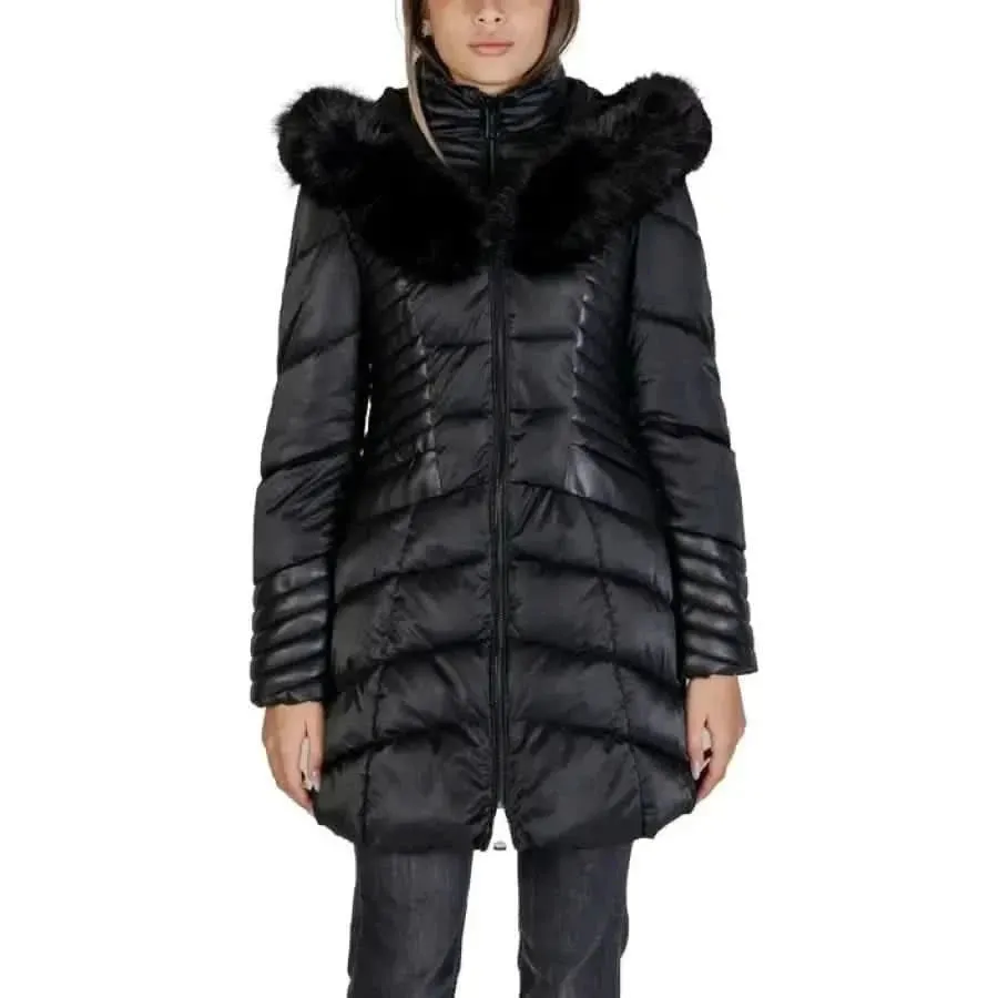 Guess Women's Black Turtleneck Jacket with Hood and Zip