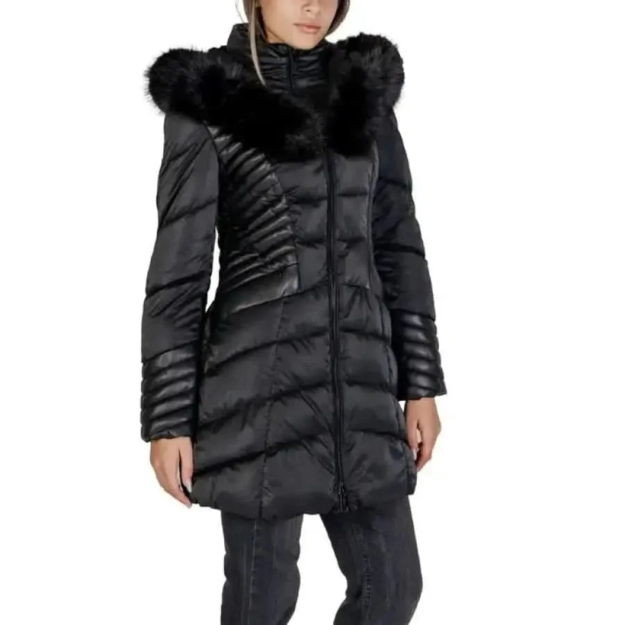 Guess Women's Black Turtleneck Jacket with Hood and Zip
