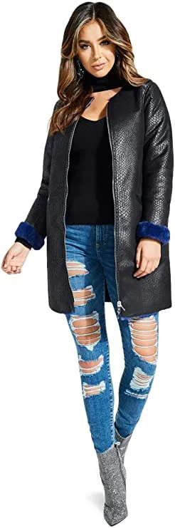 GUESS Women's Long Sleeve Marcia Faux Snake Skin Coat Outerwear, Stone/Sultry red, S