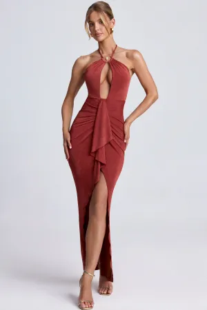 Hardware Detail Cut-Out Halterneck Maxi Dress in Auburn Brown
