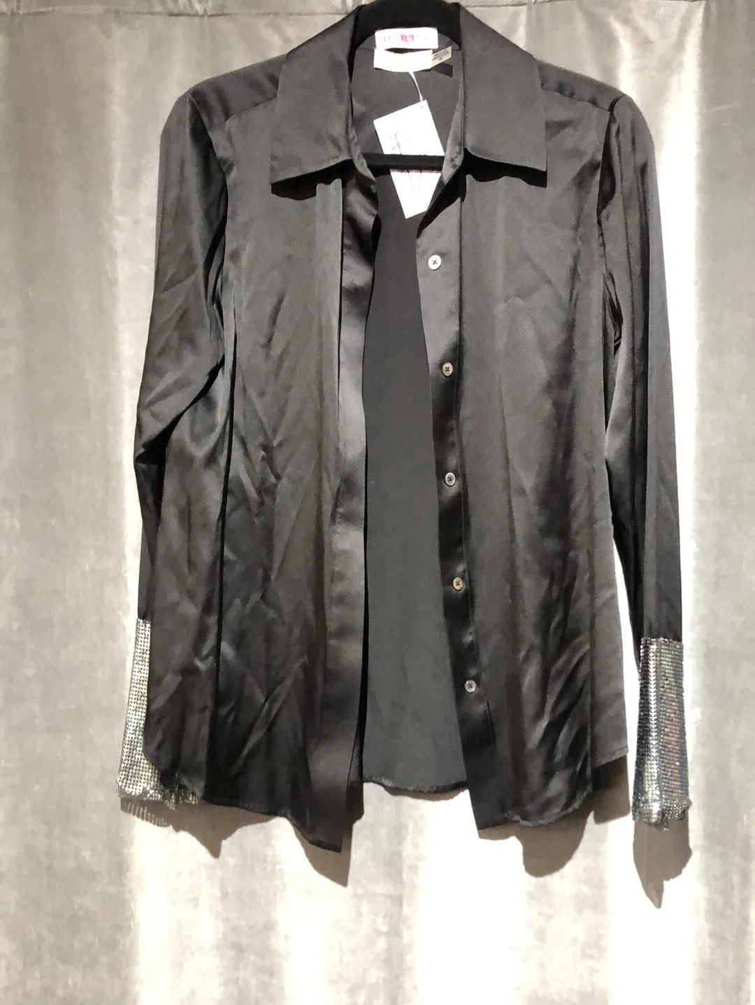 Hartly Ramy Brook Black Silk Long Sleeve Blouse with Chainmail Cuffs