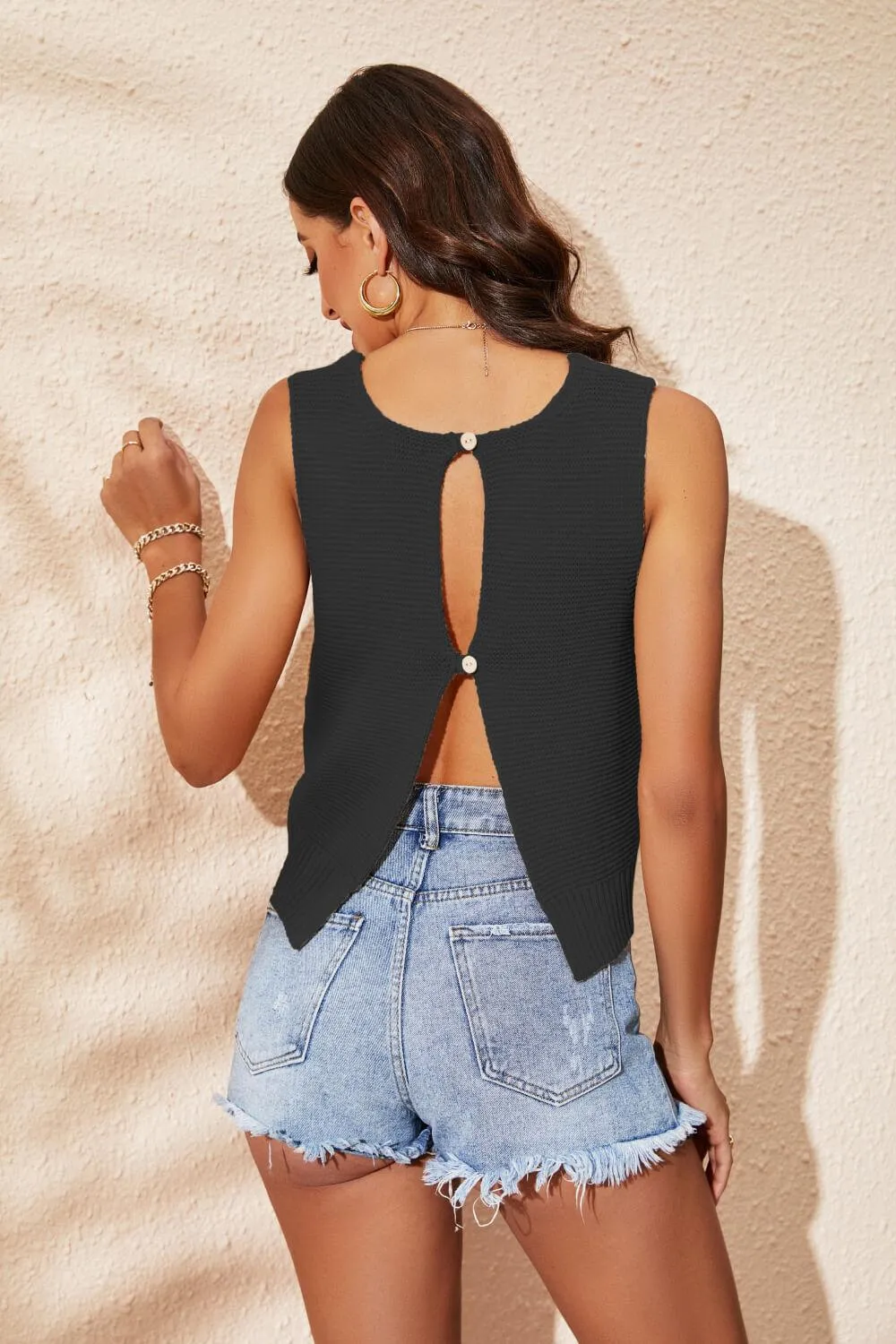 Hazel Blues® |  Buttoned Cutout Ribbed Trim Knit Tank