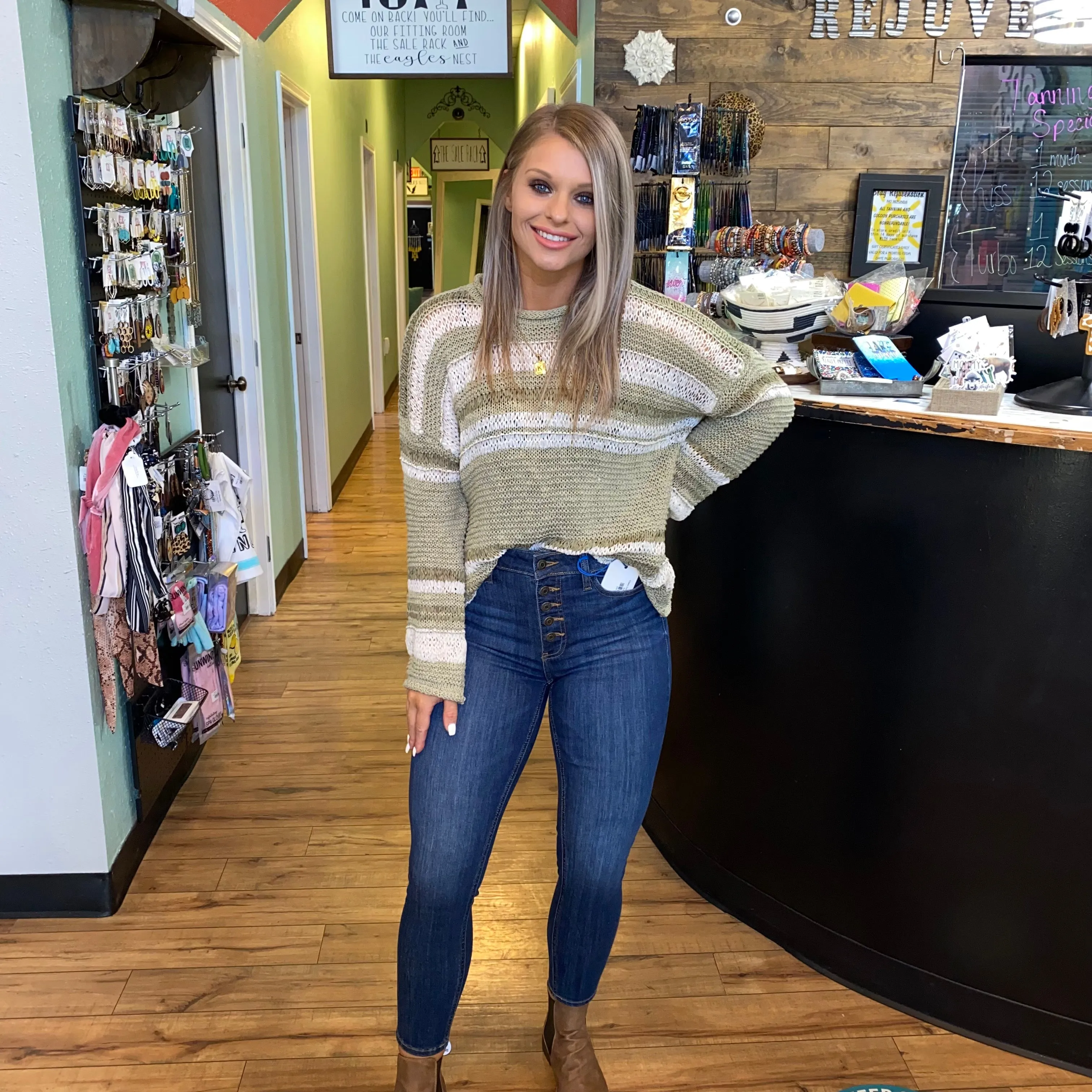 Hunter Green Striped Knit Sweater