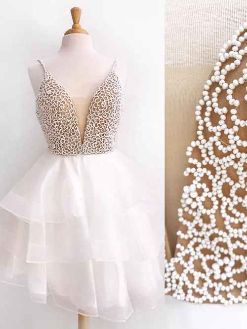Ivory Beaded Mini Organza V neck Spaghetti Strap Homecoming Dresses Short Prom Dress, SH346
