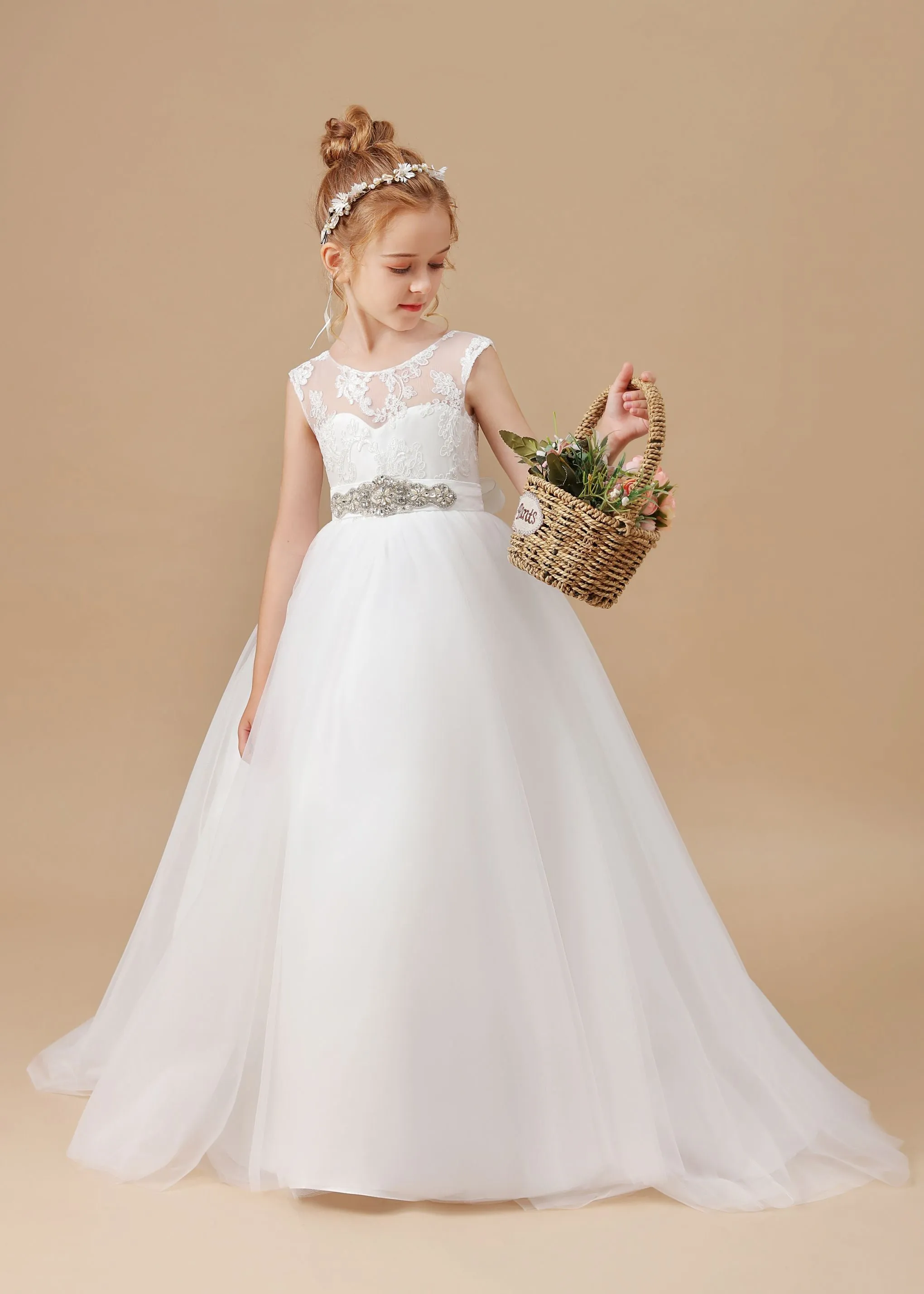 Ivory Floor-length Bowknot Tulle Flower Girl Dresses With Rhinestones Sash