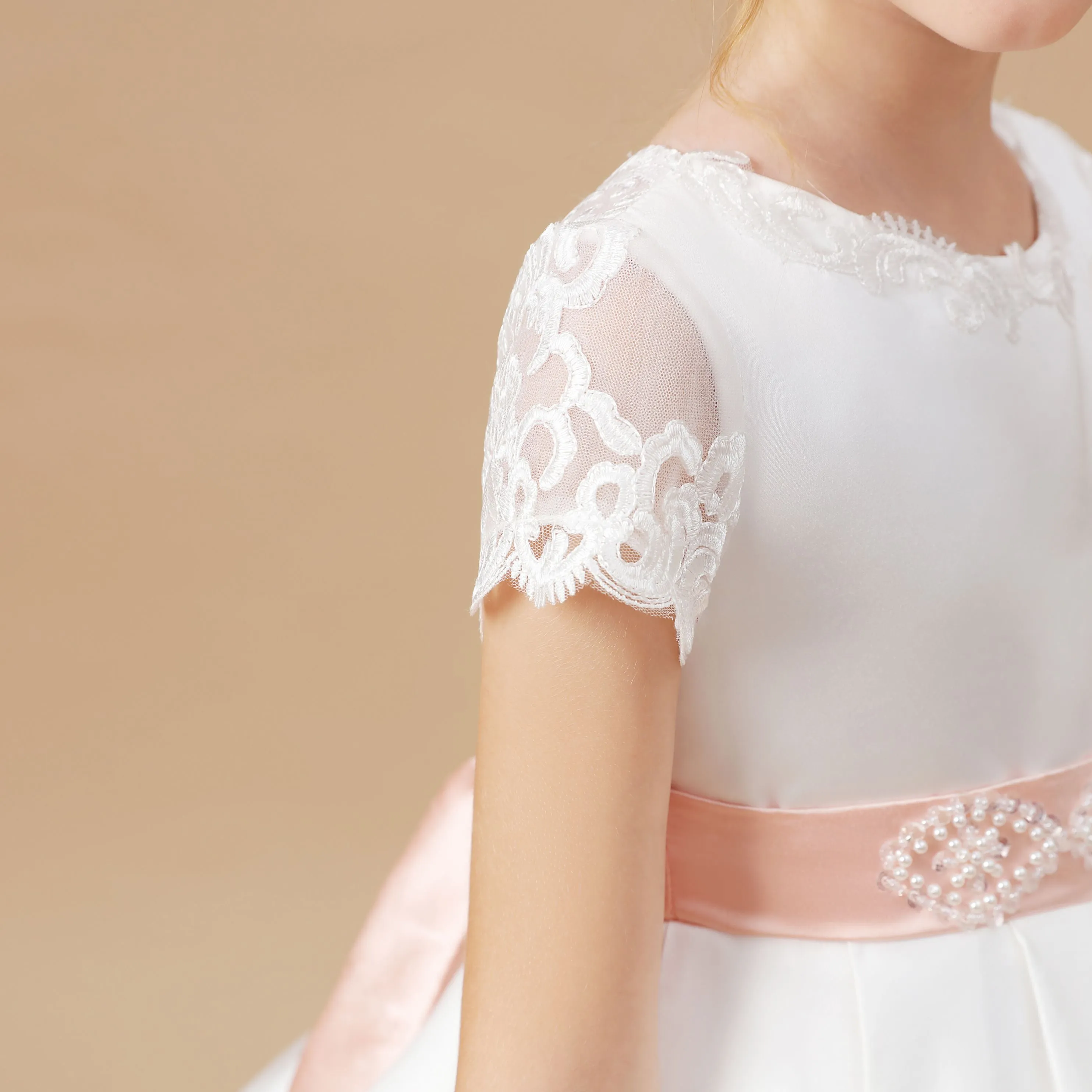 Ivory Floor-length Lace Satin Flower Girl Dresses With Pink Bowknot