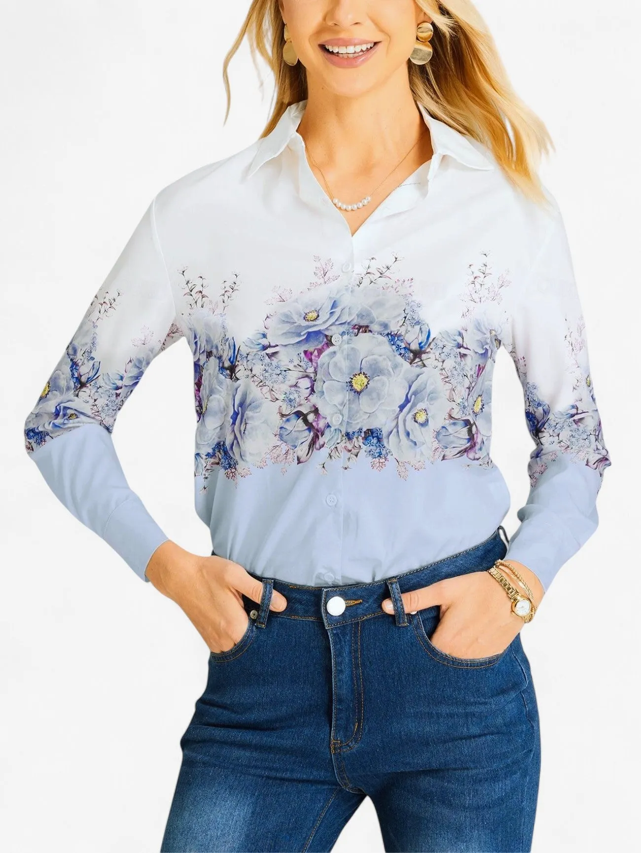 Jada | Women's Lightweight Button Down Floral Long Sleeve Blouse