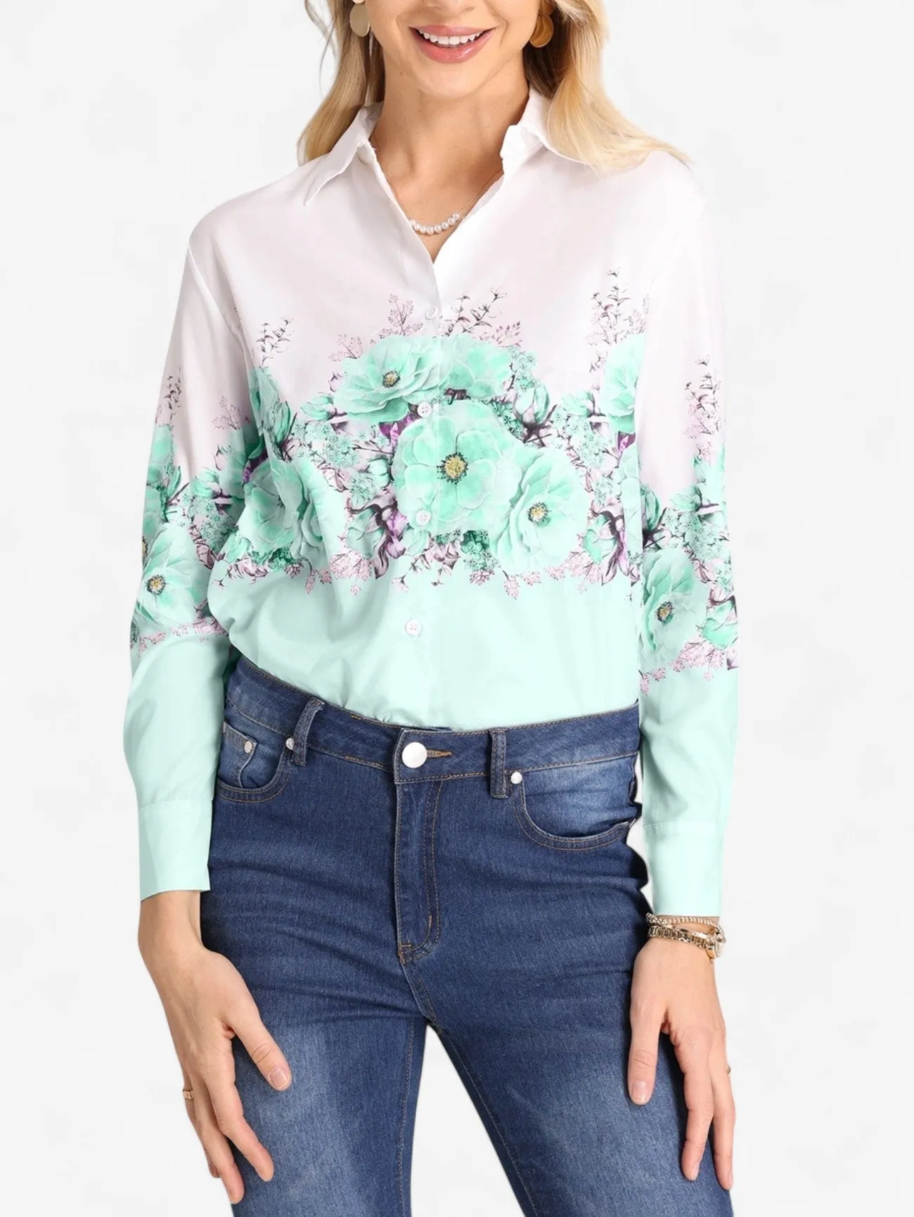 Jada | Women's Lightweight Button Down Floral Long Sleeve Blouse