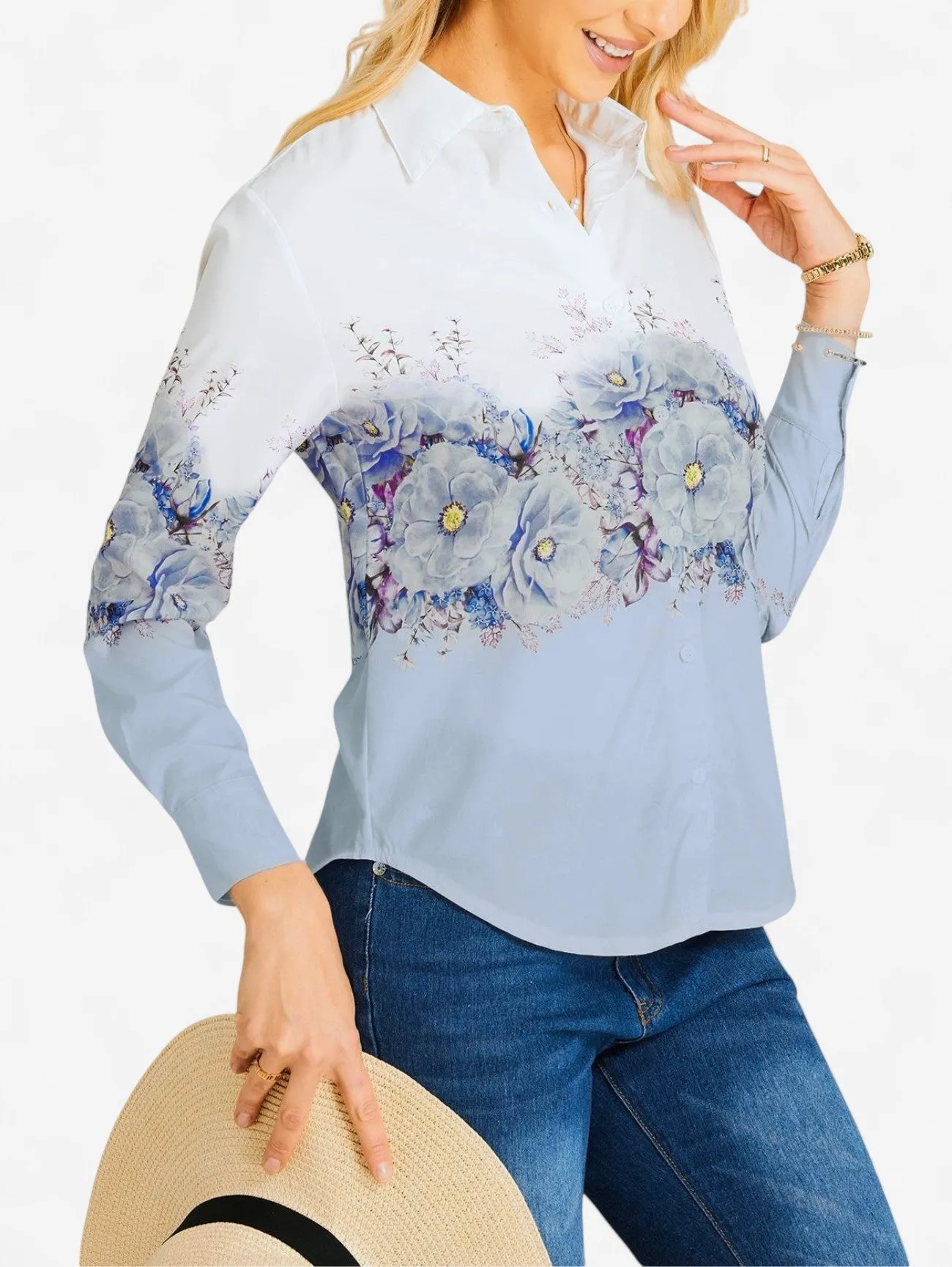Jada | Women's Lightweight Button Down Floral Long Sleeve Blouse