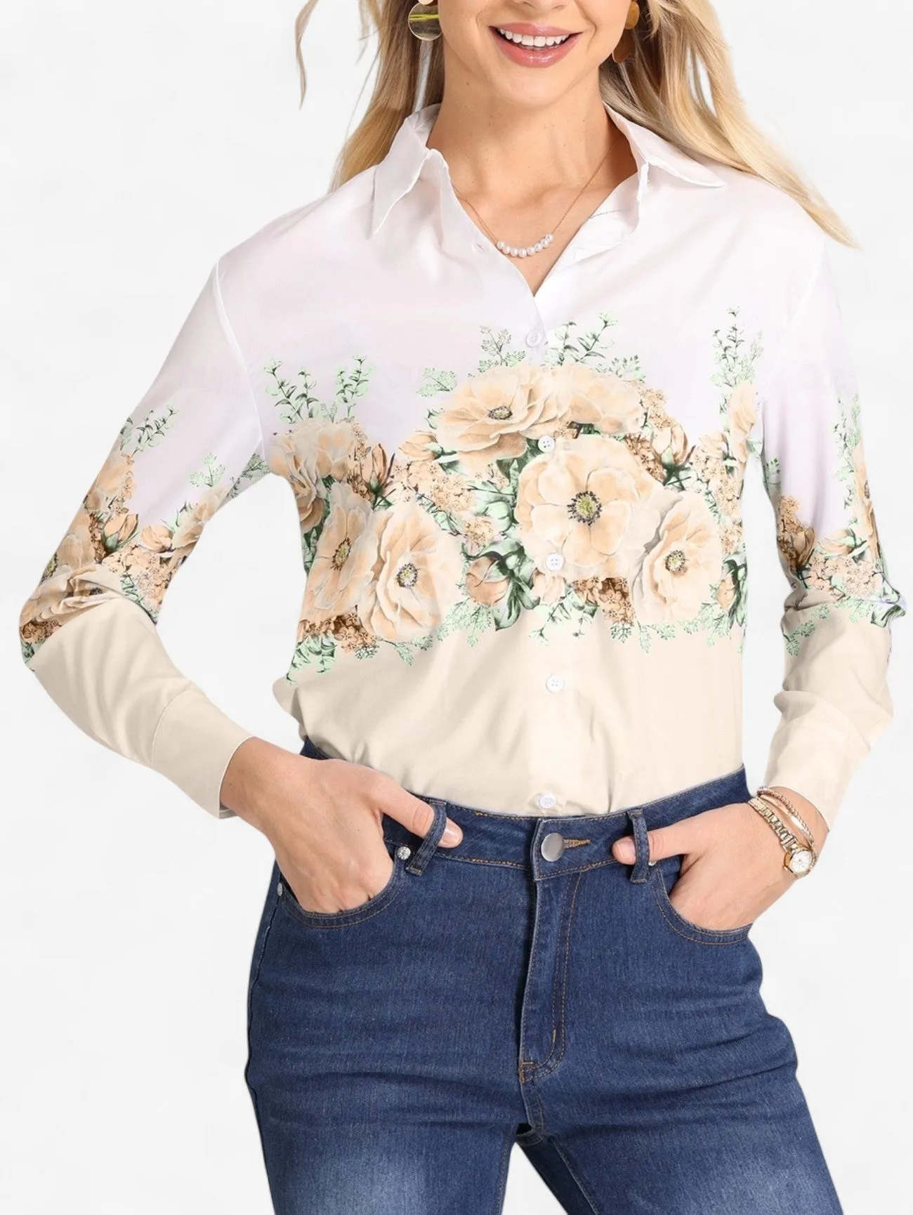 Jada | Women's Lightweight Button Down Floral Long Sleeve Blouse
