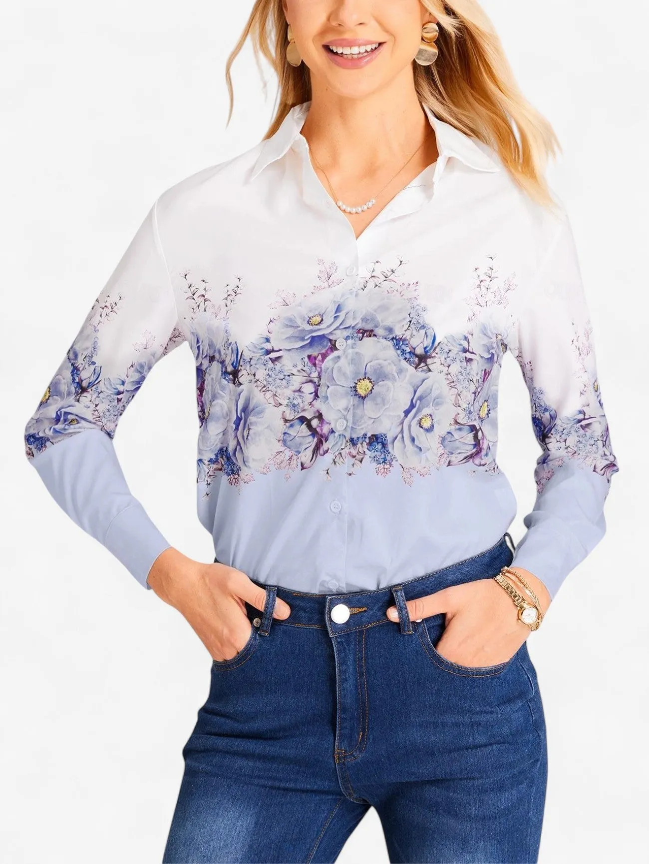 Jada | Women's Lightweight Button Down Floral Long Sleeve Blouse