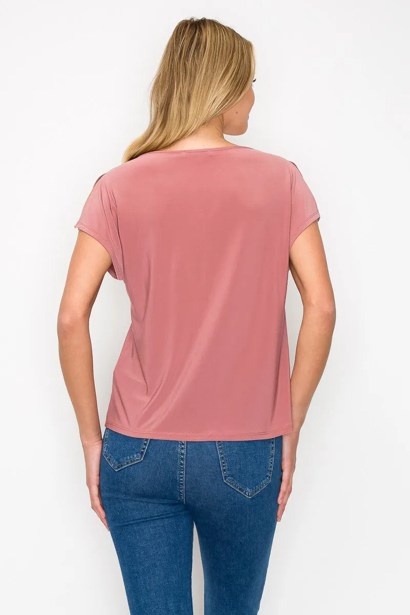 Keyhole Chain Neck Slit Short Sleeve Knit Top