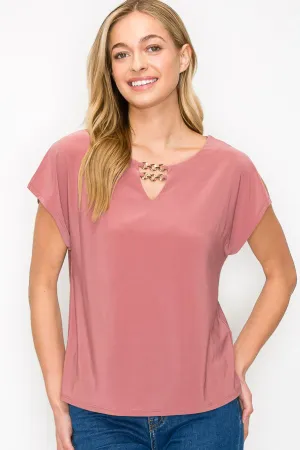 Keyhole Chain Neck Slit Short Sleeve Knit Top