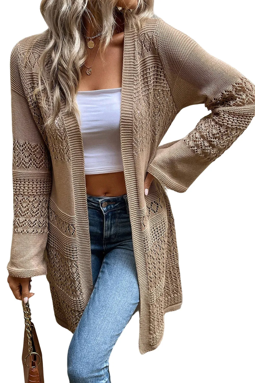 Khaki Pointelle Knit Open Front Cardigan