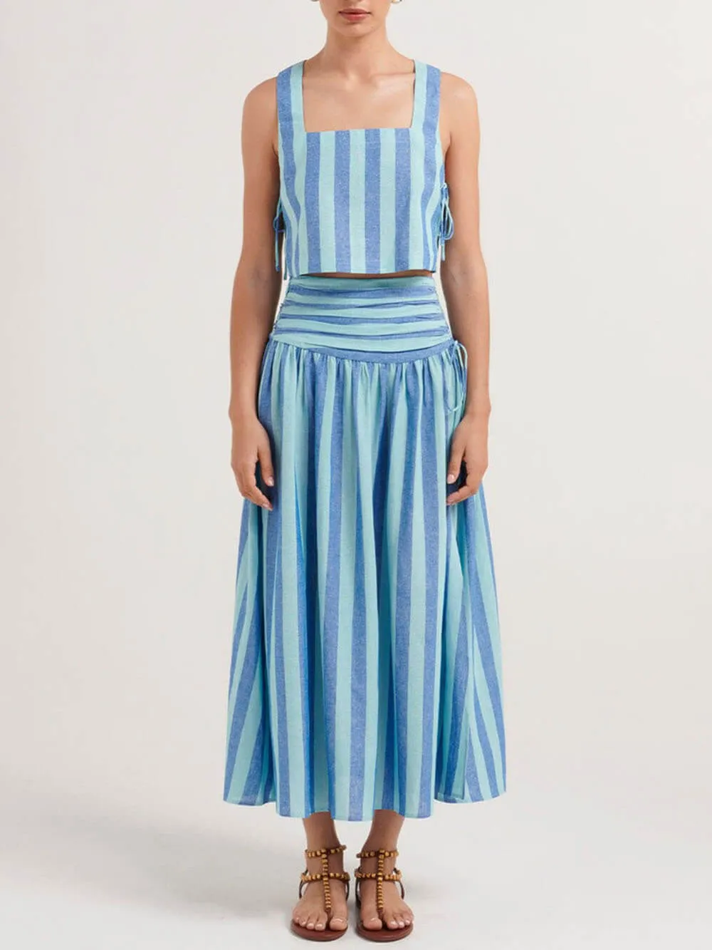 Lace-up Tank and Ruched Graceful Waist Midi Skirt Set