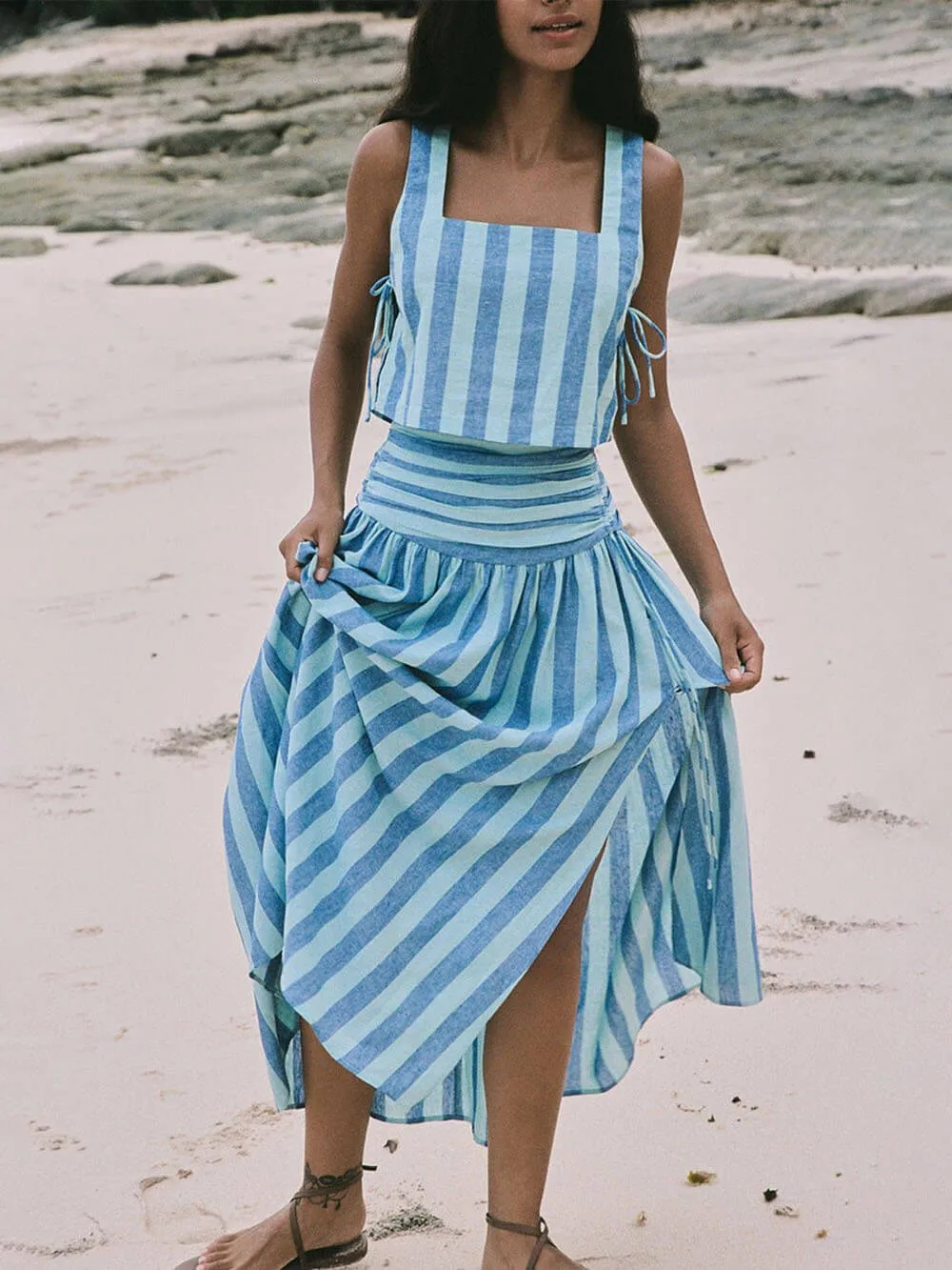 Lace-up Tank and Ruched Graceful Waist Midi Skirt Set
