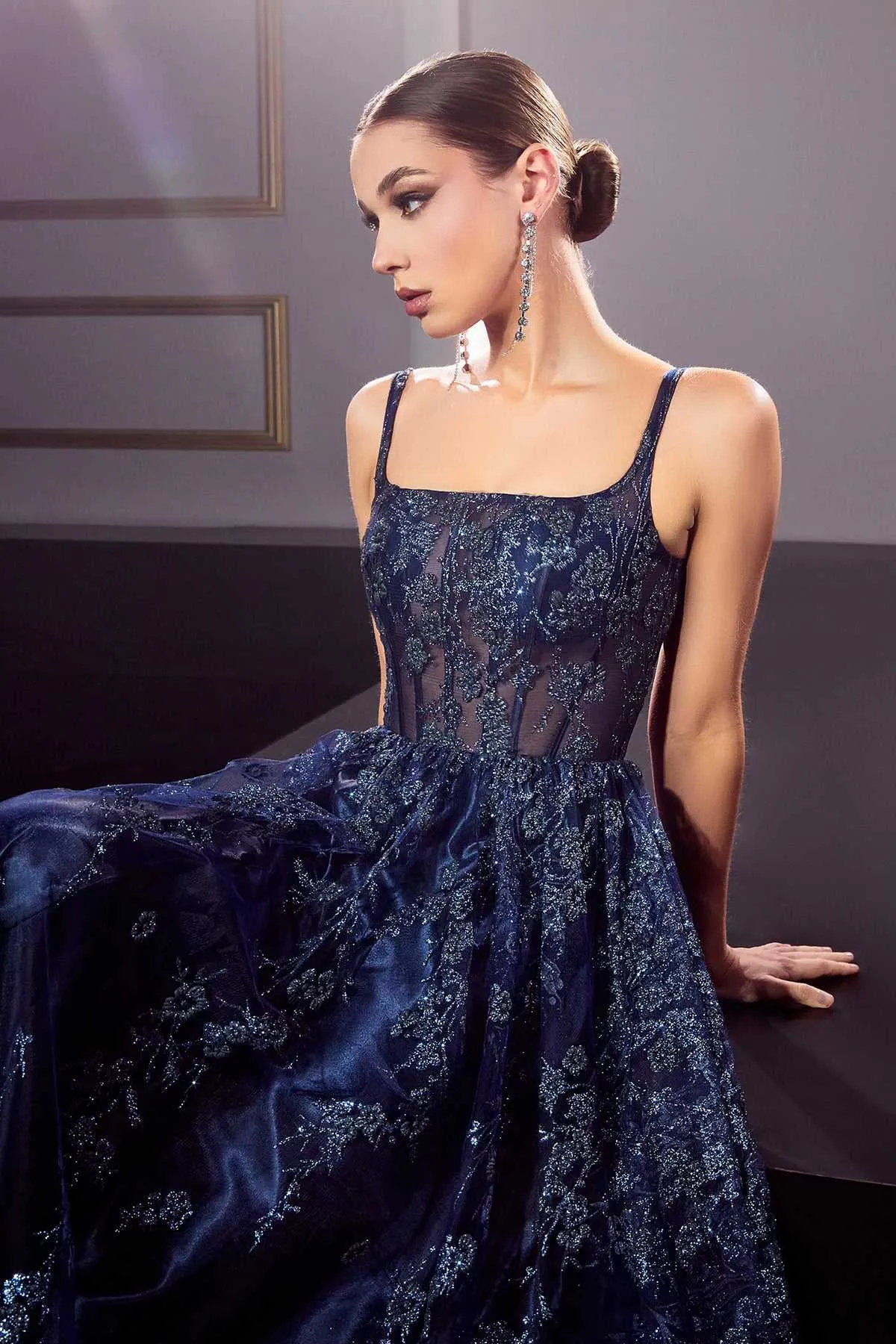 Ladivine J840 Floor Length Glitter Print A-Line Gown Corset Bodice