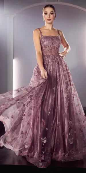 Ladivine J840 Floor Length Glitter Print A-Line Gown Corset Bodice