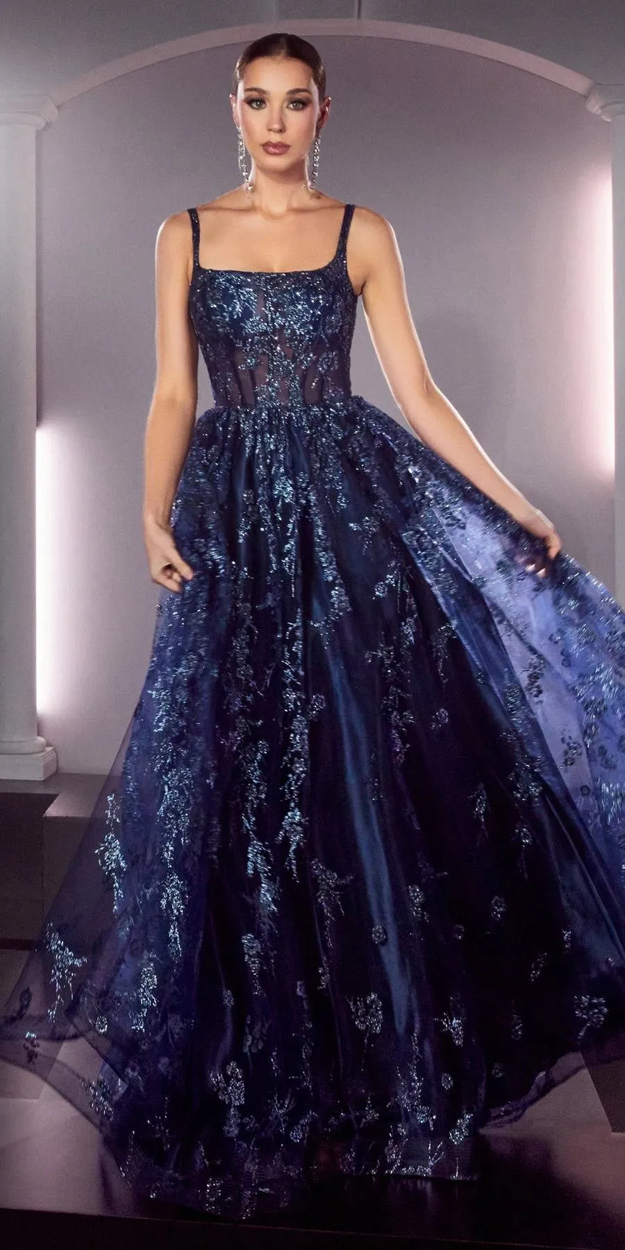 Ladivine J840 Floor Length Glitter Print A-Line Gown Corset Bodice