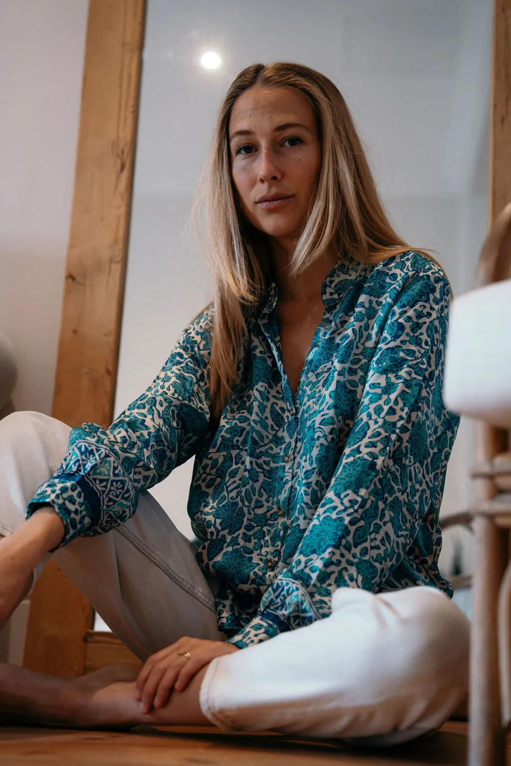 Les Fleurs Silk Blouse in Aquamarine