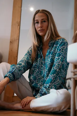 Les Fleurs Silk Blouse in Aquamarine